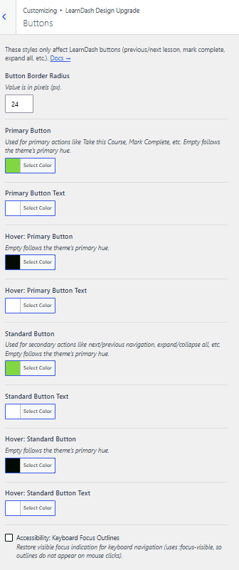 The Buttons section of the Customizer: Button Border Radius, Primary and Standard button colors with their hover states, and the keyboard focus outline option.