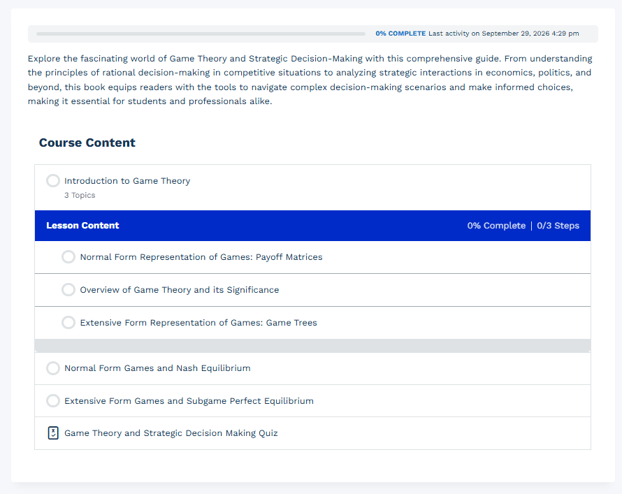 A course page with the progress bar, course description and course content list in a boxed container.
