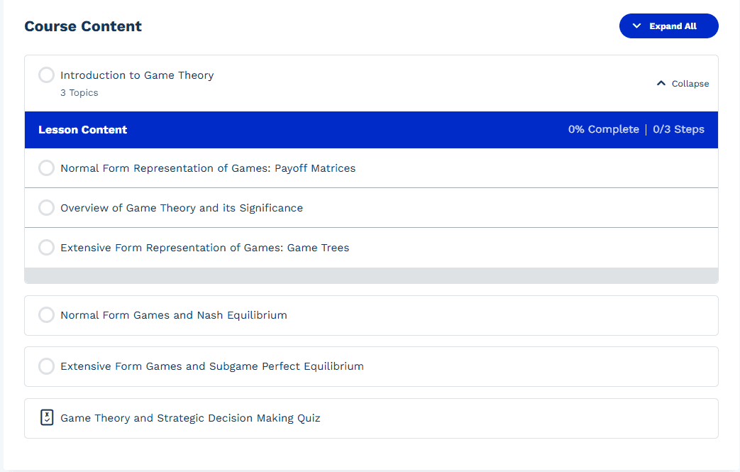 A LearnDash course content list with an expanded lesson showing its topics under a colored Lesson Content header.
