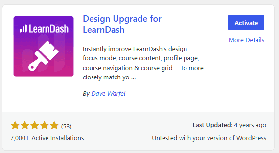 The Design Upgrade for LearnDash plugin card in Plugins → Add New, with its Activate button.