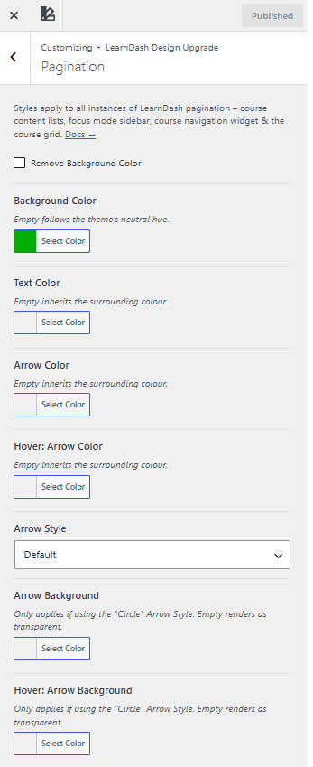 The Pagination section of the Customizer: Remove Background Color, background, text and arrow colors, Arrow Style and arrow background colors.